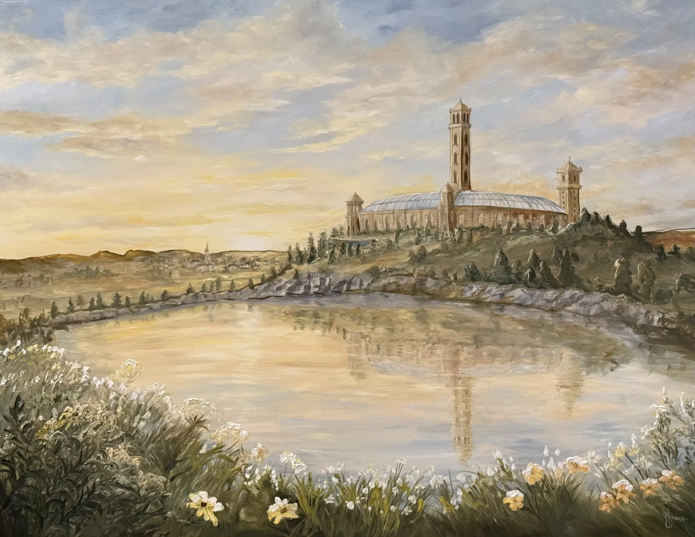 An oil painting of a limestone campus with a tall tower on a green hill above a still lake at dawn, wildflowers in the foreground.