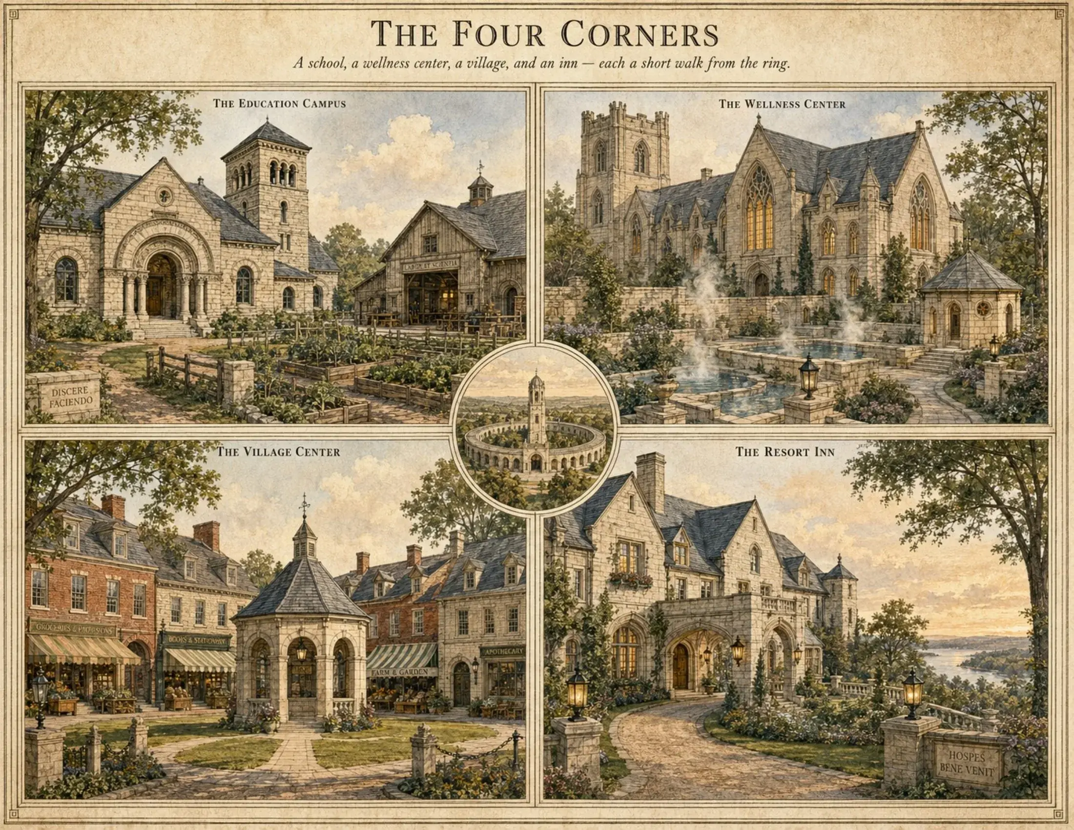 Four vignettes in stone: an education campus, a wellness center, a village center and a resort inn, with the tower at the center.
