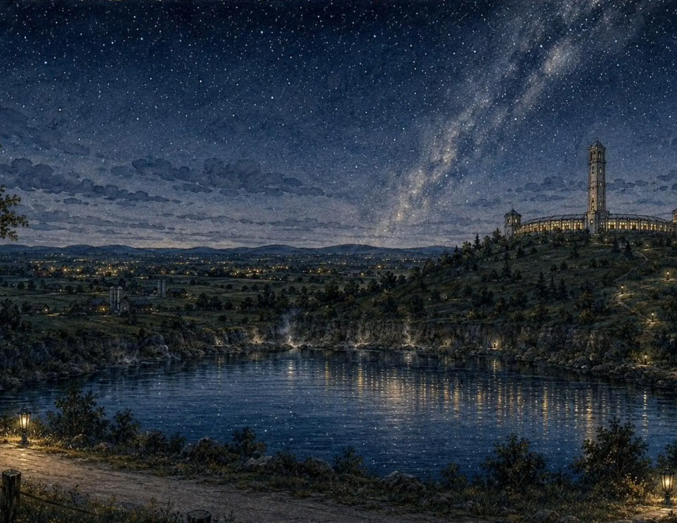 The ring and tower on a dark hill under the Milky Way, its lights reflected in a lake.