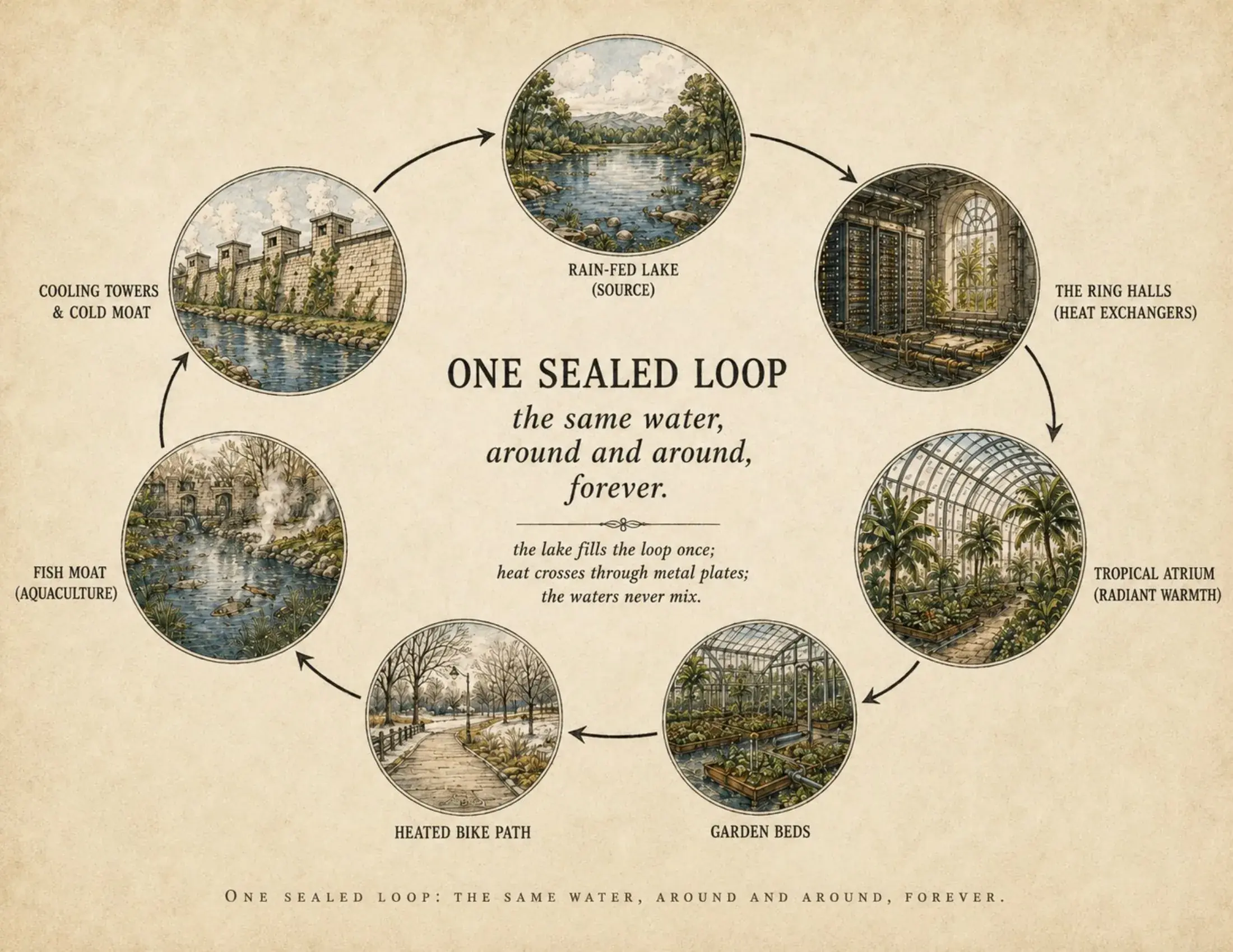 A circular diagram of one sealed water loop: rain-fed lake, ring halls, tropical atrium, garden beds, heated path, fish moat and cooling moat, around and around.