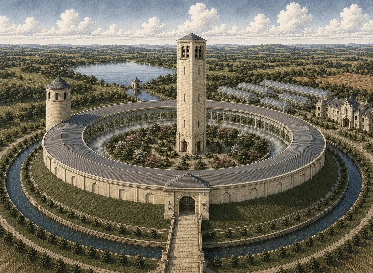 An aerial view of a circular limestone building around a planted garden court, with a tall stone tower at its center, a moat, greenhouses and a lake beyond.