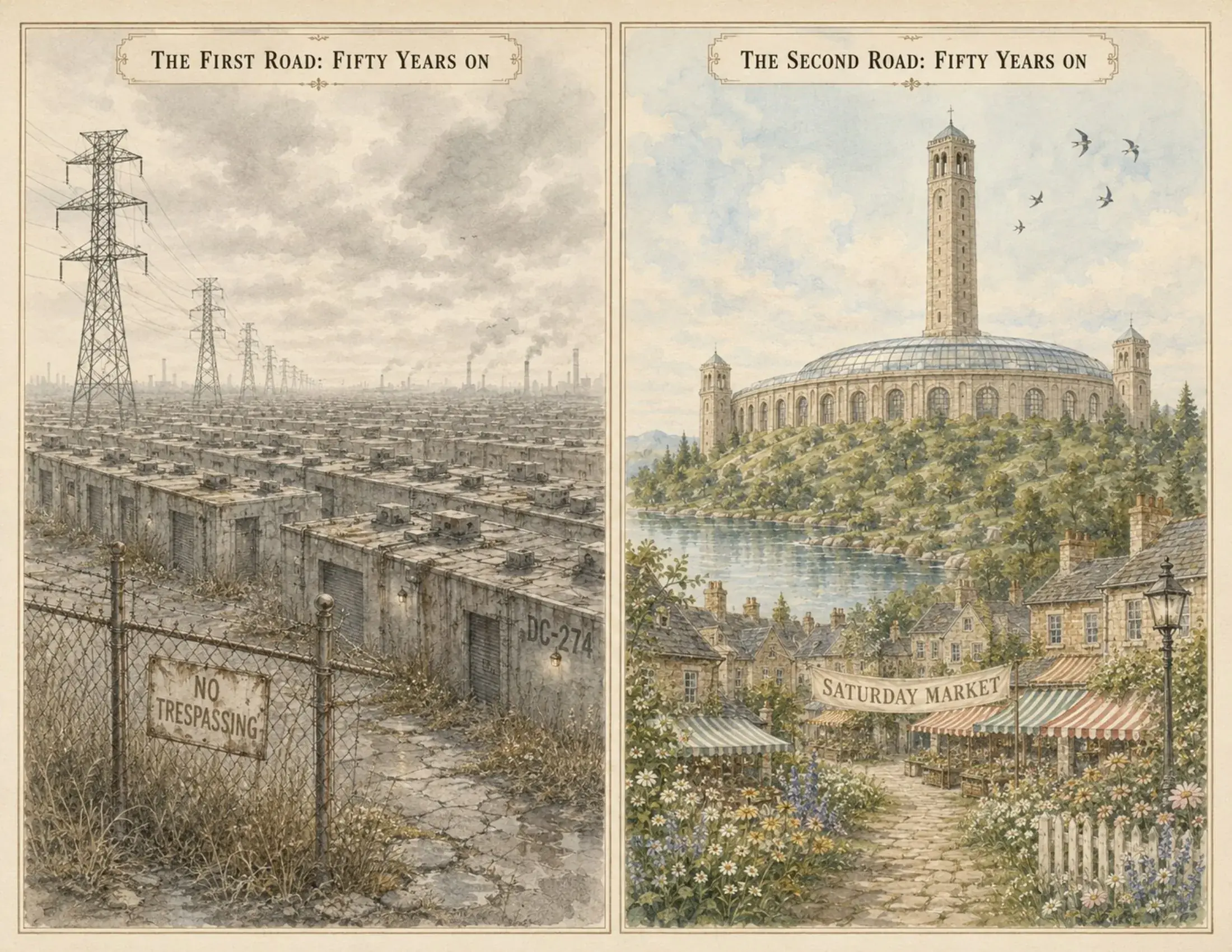 Two futures fifty years on. Left: rusting gray boxes and transmission towers behind a no-trespassing fence. Right: the stone campus amid gardens, with a Saturday market.