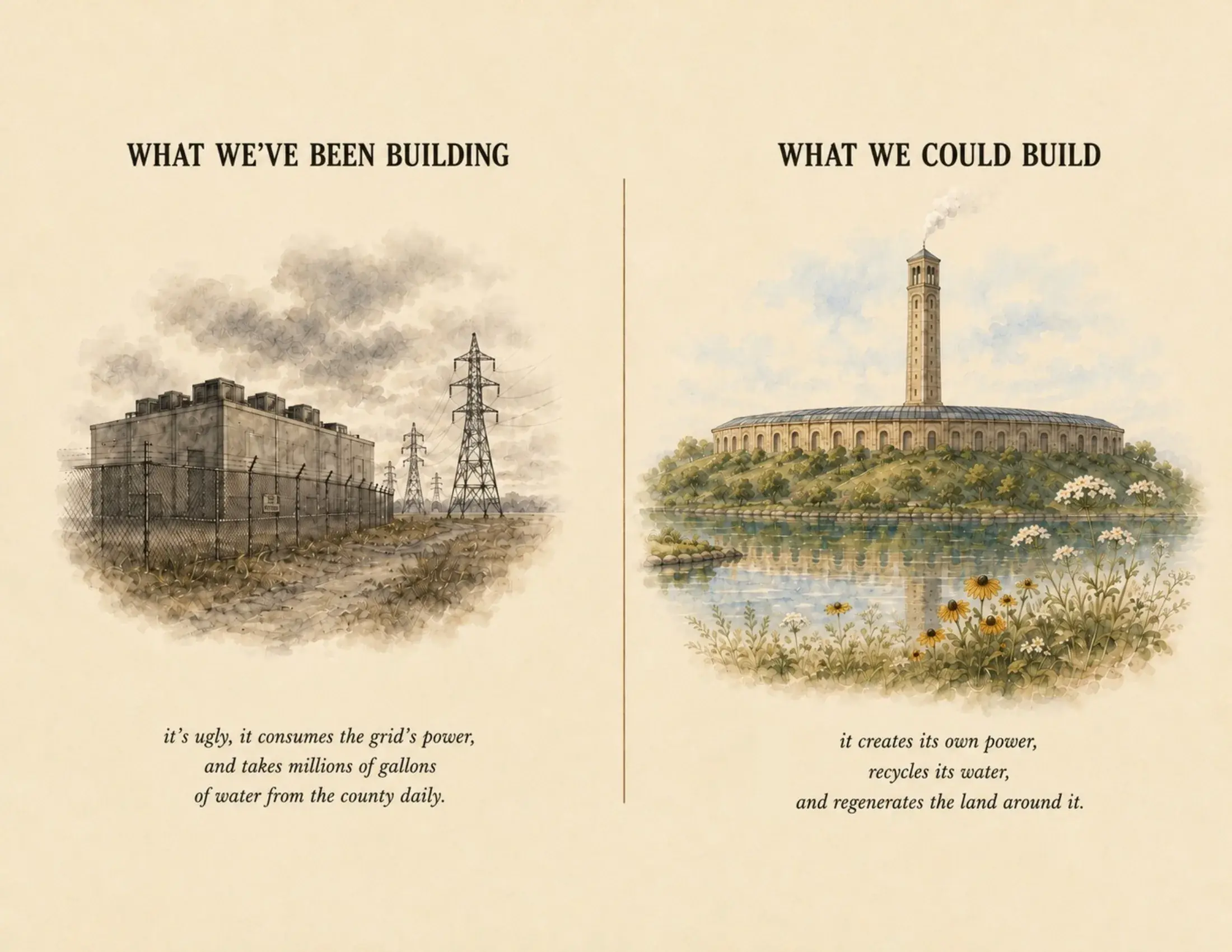Two drawings side by side. Left, what we have been building: a gray windowless box beside high-voltage towers. Right, what we could build: a ring of stone with a tower, surrounded by water and green land.