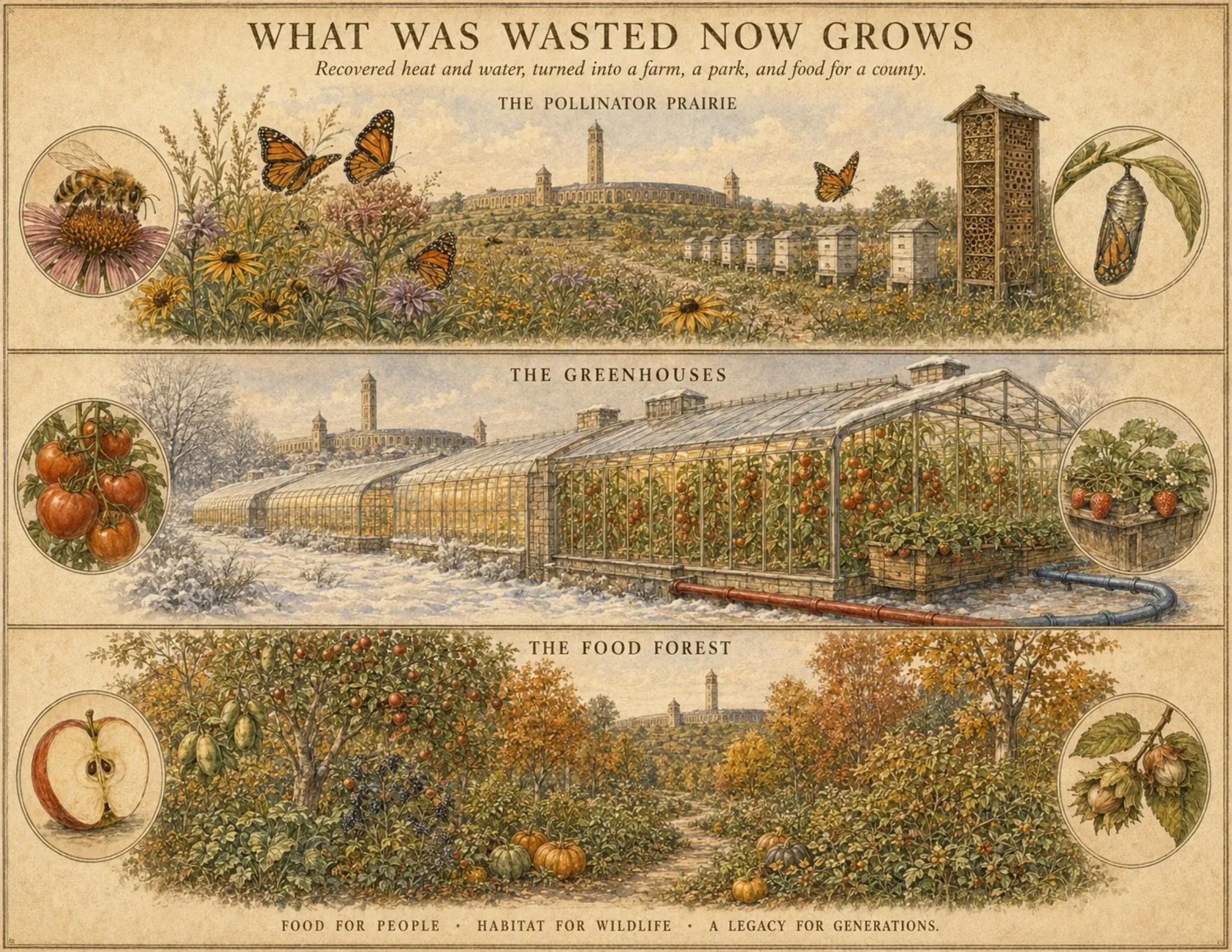 Three panels: a pollinator prairie, greenhouses full of tomatoes in the snow, and a food forest in autumn, all warmed by recovered heat.