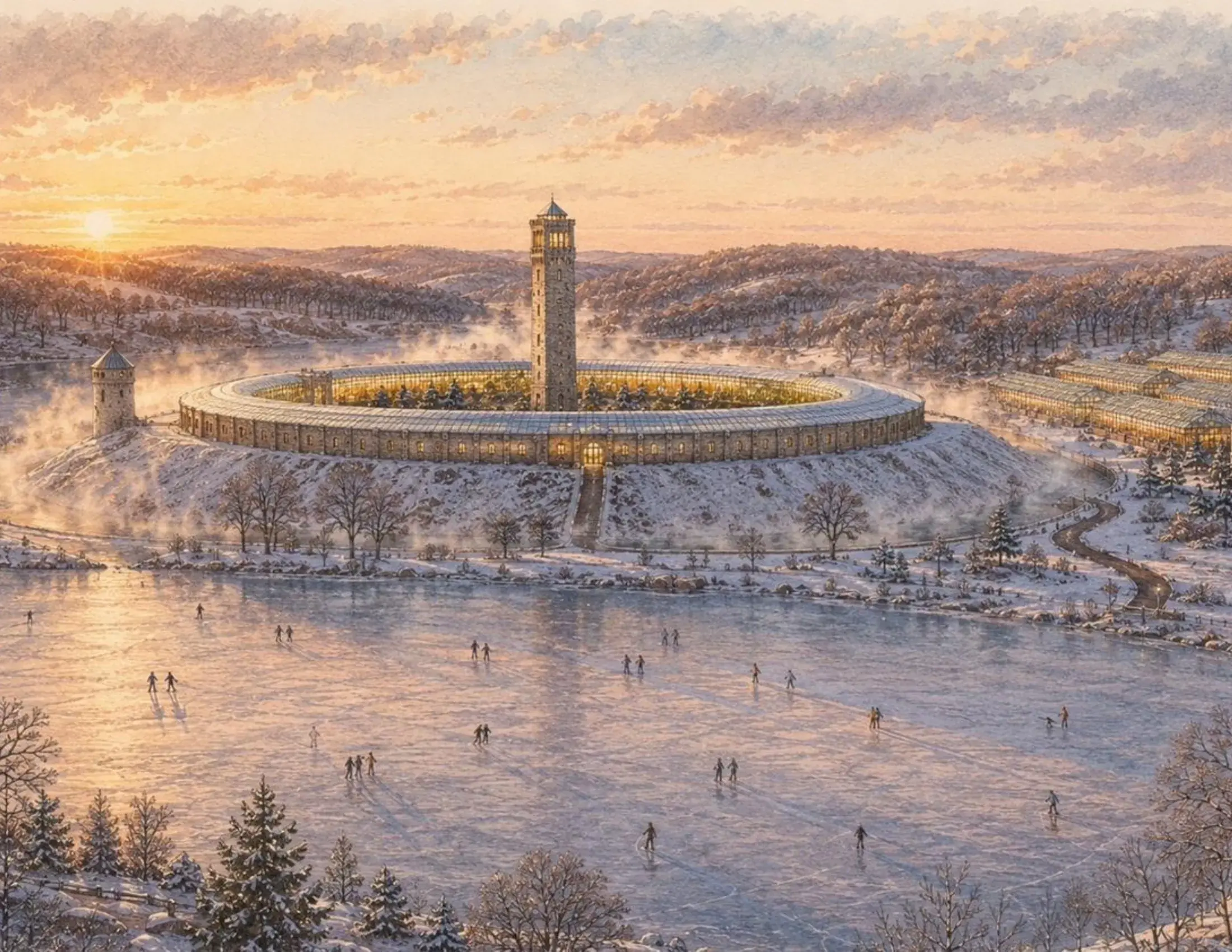 The ring and tower at sunrise in winter, warm mist rising from the moat, people skating on a frozen lake in the foreground.